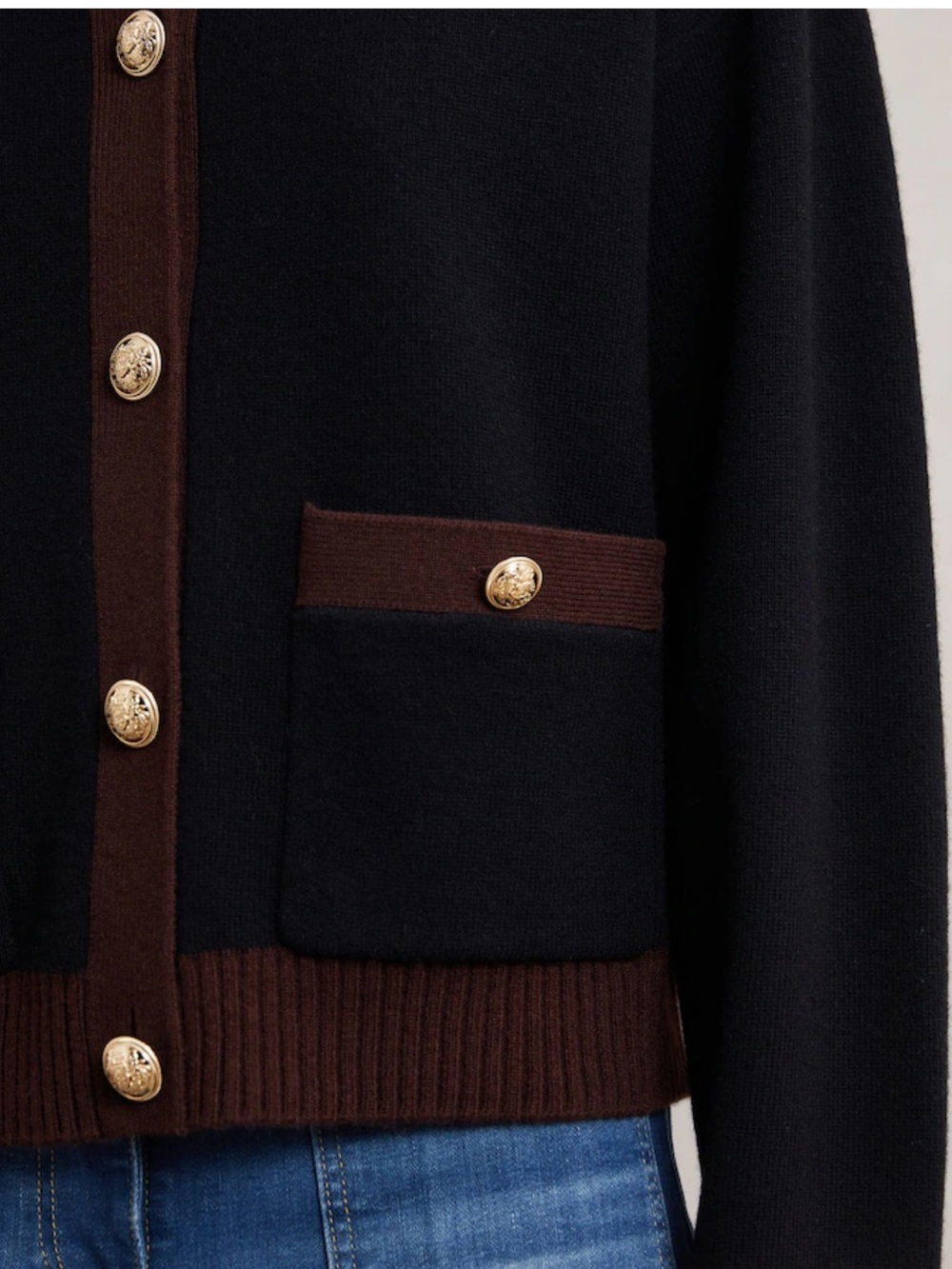 Reiss Olive Tipped Crewneck Wool And Cashmere Cardigan Black Burgundy - Picture 3 of 9